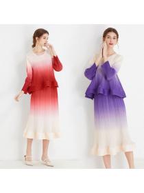 Gradual color ruffled Edge pleated top + half skirt pleated two-piece set