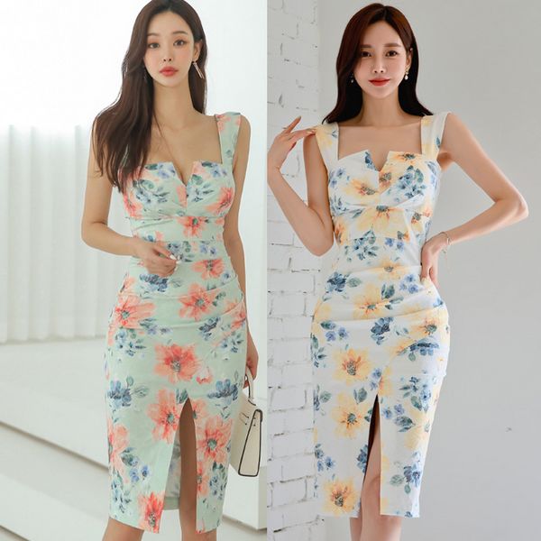 Korean style Summer Sleeveless Slit Floral dress