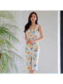 Korean style Summer Sleeveless Slit Floral dress