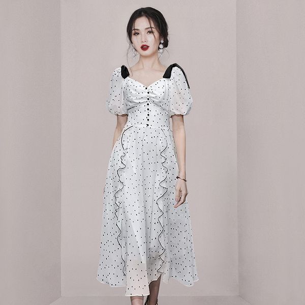 Korean style Summer puff sleeve Dot print Dress