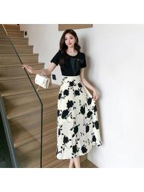 Korean style Summer Short sleeve High waist Floral dress 