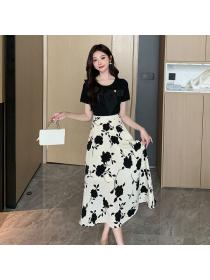 Korean style Summer Short sleeve High waist Floral dress 