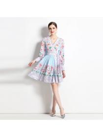 Korean style Summer V collar Printed Long-sleeved Dress 