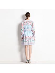 Korean style Summer V collar Printed Long-sleeved Dress 