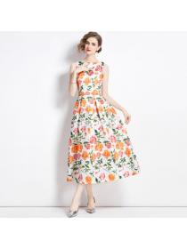 European style Sleeveless High waist Printed A-line dress 