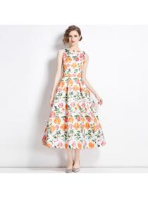 European style Sleeveless High waist Printed A-line dress 