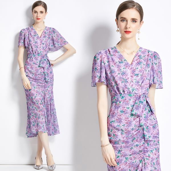 European style Fashion Short sleeve Floral Fishtail dress