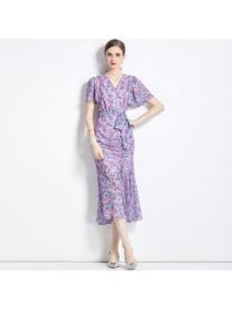 European style Fashion Short sleeve Floral Fishtail dress 