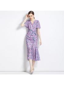 European style Fashion Short sleeve Floral Fishtail dress 