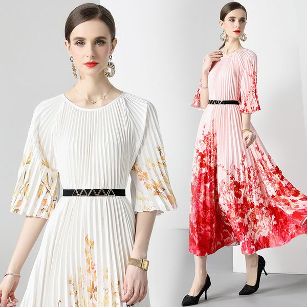 European style High quality Fashion Short sleeve Pleated Dress
