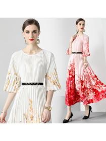 European style High quality Fashion Short sleeve Pleated Dress 