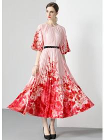 European style High quality Fashion Short sleeve Pleated Dress 