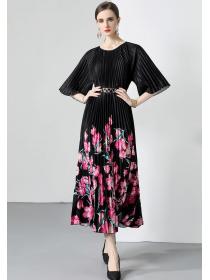 European style High quality Fashion Largr swing Pleated dress 