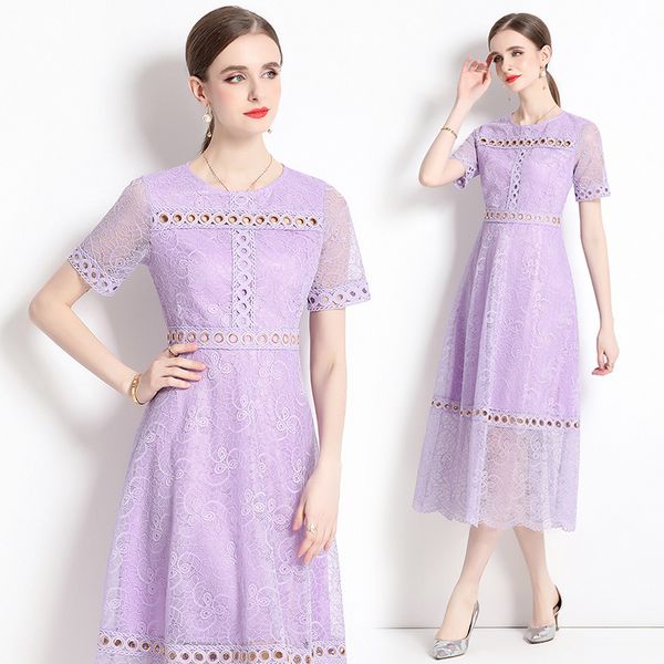 European style High quality Lace Round collar Short sleeve dress