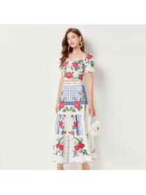 European style Summer Off shoulder Top+Long skirt 2 pcs set
