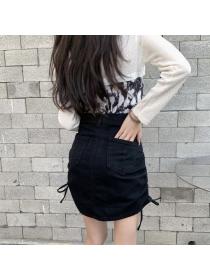 Elastic denim women's drawstring slim A-line short skirt