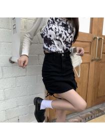 Elastic denim women's drawstring slim A-line short skirt