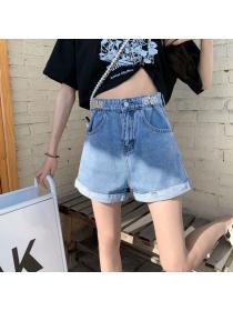 Korean style High waist Chic Loose Wide leg Denim shorts 