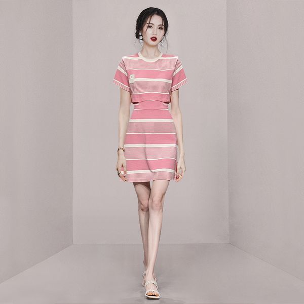 Summer Korean style Round collar Stripe Slim dress
