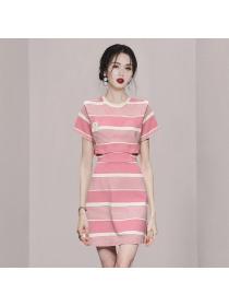 Summer Korean style Round collar Stripe Slim dress 