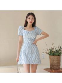 Summer Korean style puff sleeve Slim Printed Dress 