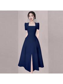 Summer Korean style Elegant Sqaure collar Short sleeve dress 