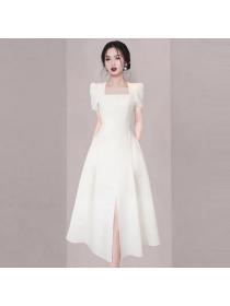 Summer Korean style Elegant Sqaure collar Short sleeve dress 