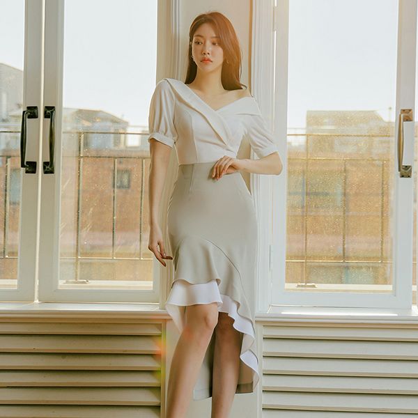Korean style Summer High waist Off shoulder Fishtail dress
