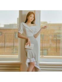 Korean style Summer High waist Off shoulder Fishtail dress 