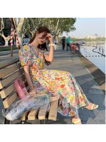 Korean style V collar High waist Floral dress 