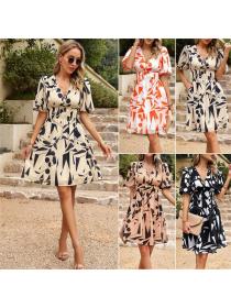 European style V collar Pinched waist Dress for women