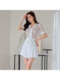 Korean style V collar Lace Top+Pleated A-line dress 