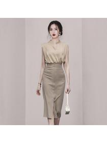 Korean style Summer V collar Sleeveless High waist 2 pcs set