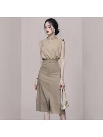 Korean style Summer V collar Sleeveless High waist 2 pcs set