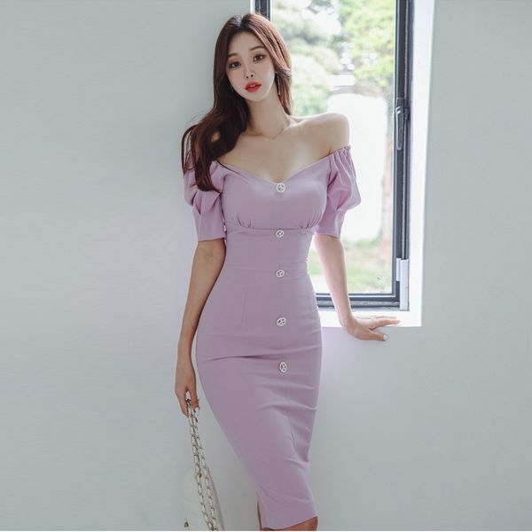 Korean style Summer Off shoulder Slim Puff sleeve dress