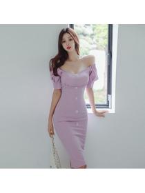 Korean style Summer Off shoulder Slim Puff sleeve dress 