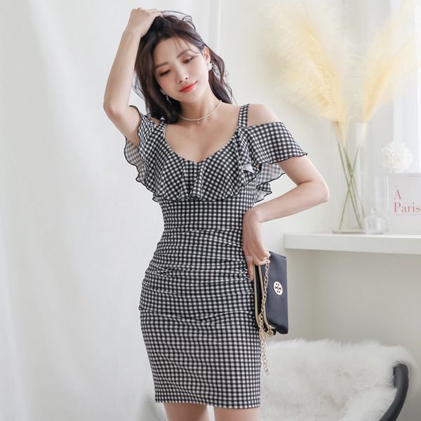 Korean style Summer Elegant Plaid Hip-full dress