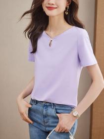 Korean style Summer Loose V collar Solid color T-shirt 