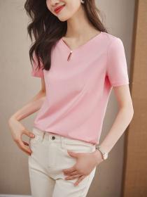 Korean style Summer Loose V collar Solid color T-shirt 