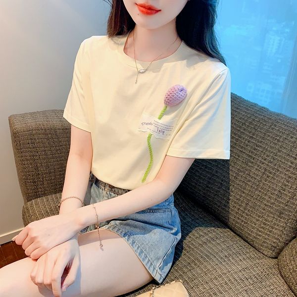 Korean style Summer 100% cotton Loose Flower T-shirt