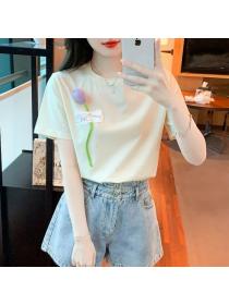 Korean style Summer 100% cotton Loose Flower T-shirt 