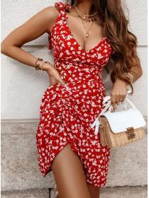European style Casual Floral dress V collar Sling dress 