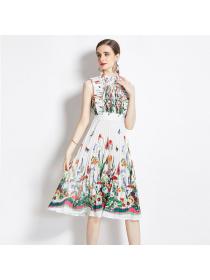 European style Summer Short sleeve High waist Pleated dress 