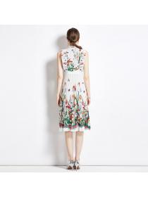 European style Summer Short sleeve High waist Pleated dress 