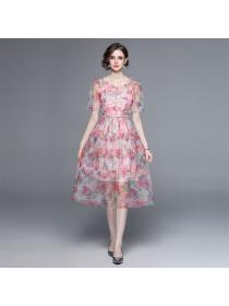 European style Summer Printed Short sleeve Layer dress 
