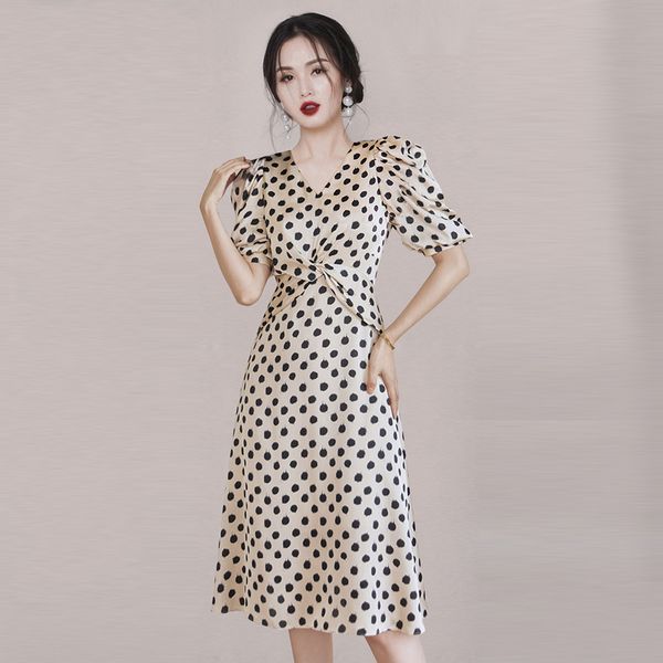 Korean style Dot printed Lantern sleeve Short sleeve dress