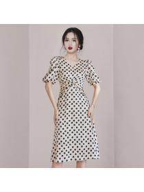Korean style Dot printed Lantern sleeve Short sleeve dress 