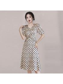 Korean style Dot printed Lantern sleeve Short sleeve dress 