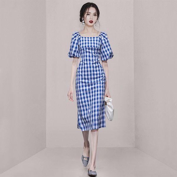 Korean style Square neck Elegant Retro Plaid dress