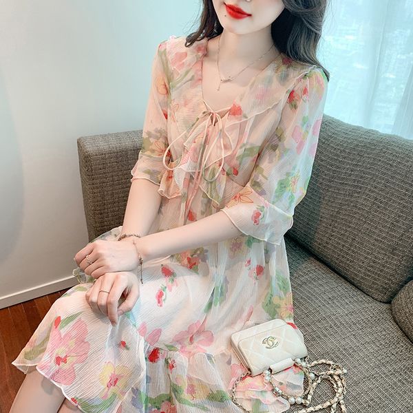 Summer Korean style Elegant V collar Floral dress